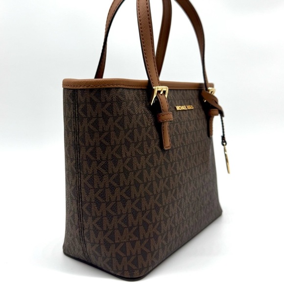 Michael Kors Jet Set Travel Extra-Small Logo Top-Zip Tote Bag Brown Signature - Picture 4 of 9